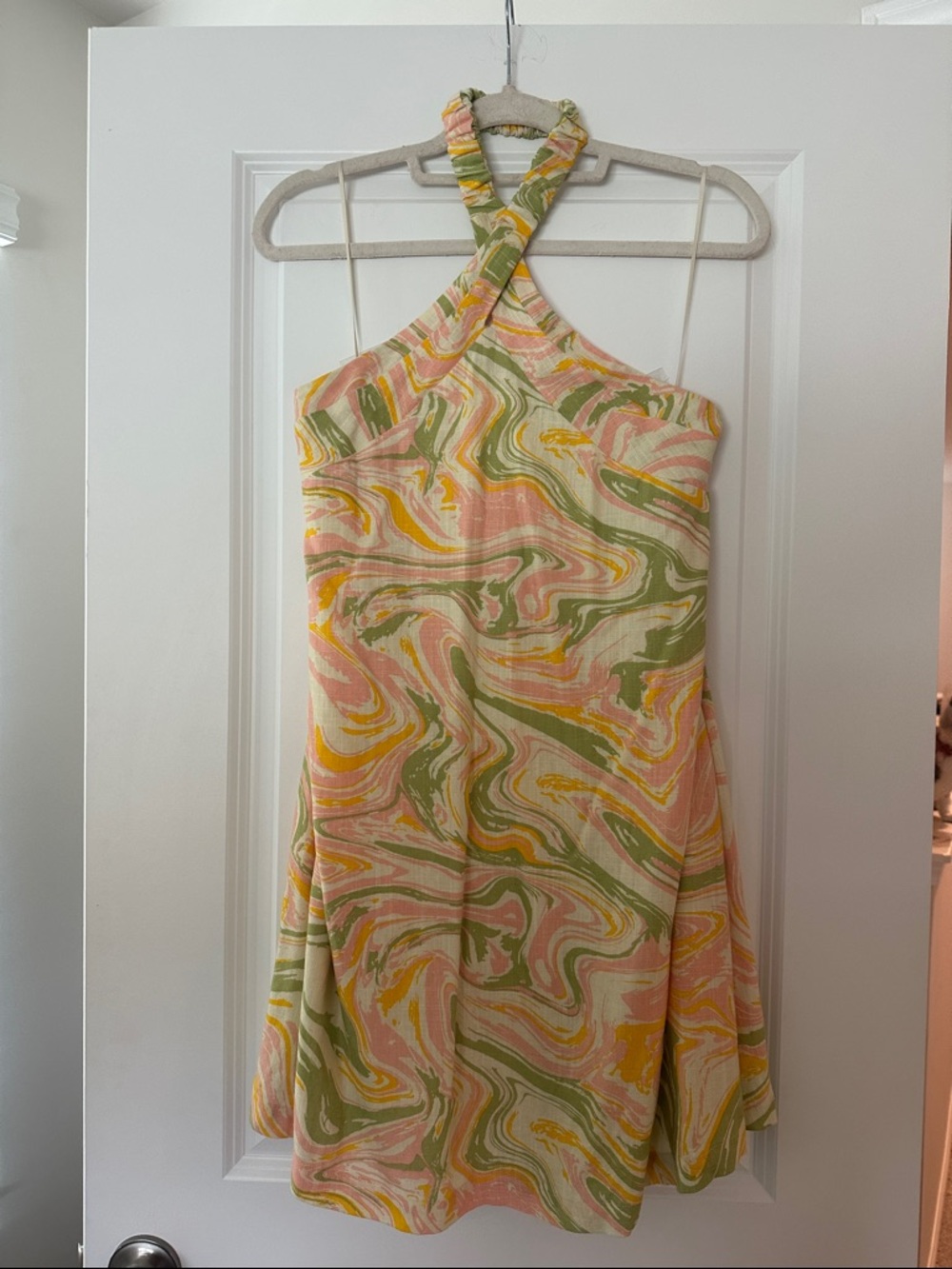 Lost + Wander Swirl Halter Mini Dress in Pink, Green & Yellow